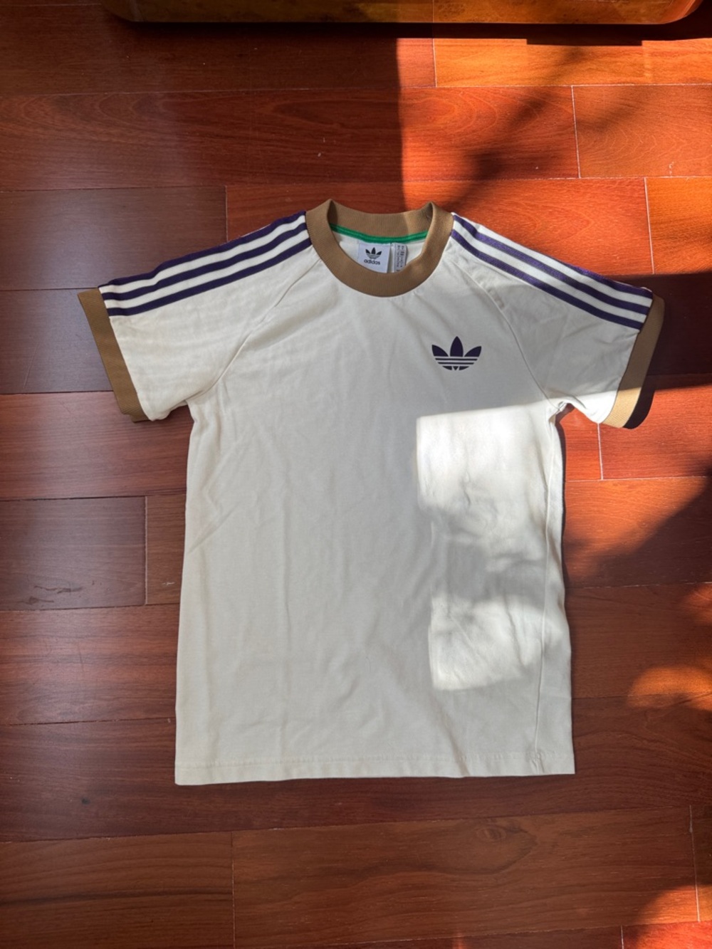 adidas Cream Short Sleeve Tee with Purple Stripes and Brown Trim
